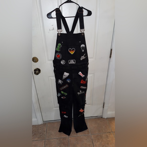 1of1 Black and red denim Distressed overalls with patches Grunge & Punk vibes